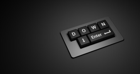 Down Lettering in Black Keyboard with Enter Button. 3D rendering Illustration at Dark background and focus light with space for text