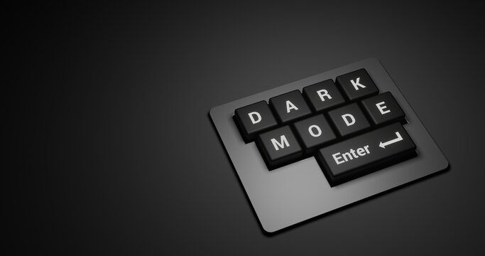 Dark Mode Lettering in Black Keyboard with Enter Button. 3D rendering Illustration at Dark background and focus light with space for text