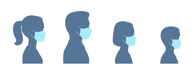 Vector illustration of woman, man, girl and boy wearing a face mask. People / family silhouettes isolated on white. Medical theme illustration for healthcare posters and banners.