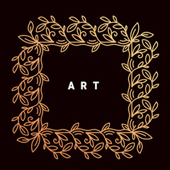 Vector template with text art and golden color floral ornament frame on dark background