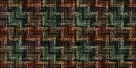 ragged old seamless pattern orange and brown natural leather colors and autumn soft green on black tartan ornament for textile texture with lost threads from plaid, tablecloths, shirts