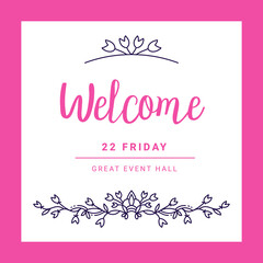 Vector invitation template with floral ornament border and text welcome on white background