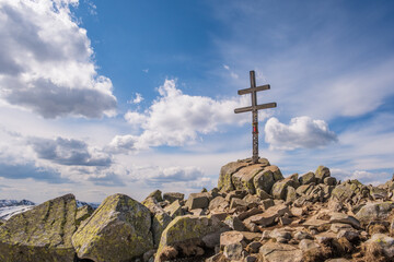 Views from Dumbier Mountain in Low Tatras mountains. Late spring, snow-capped mountains. Tourism and hiking NAPANT National Park travel destination