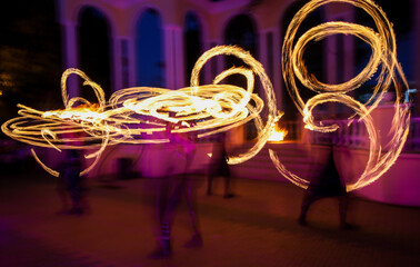 Flame of fire in motion at night.