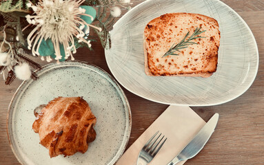 Breakfast set : Ham Cheese Sandwich and Sausage Croissant