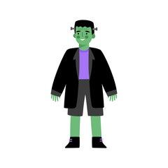 Cute Halloween cartoon character. Boy in Frankenstein's monster, zombie costume for Halloween. Funny and cute carnival kid. Vector illustration.