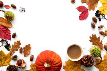 Autumn composition. Frame made of dried leaves, pumpkin, pine cones, berries, chestnuts and acorns isolated on white background. Template mockup fall, halloween. Flat lay, copy space background
