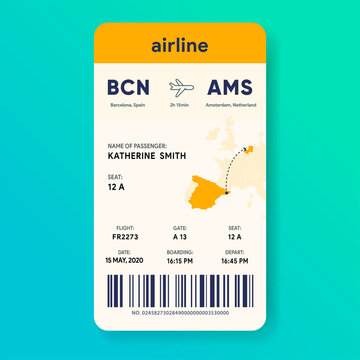 Mobile boarding pass. Vertical aircraft e-ticket. Flight ticket template. Passenger document mockup. Travel pass with journey map. Vector illustration.