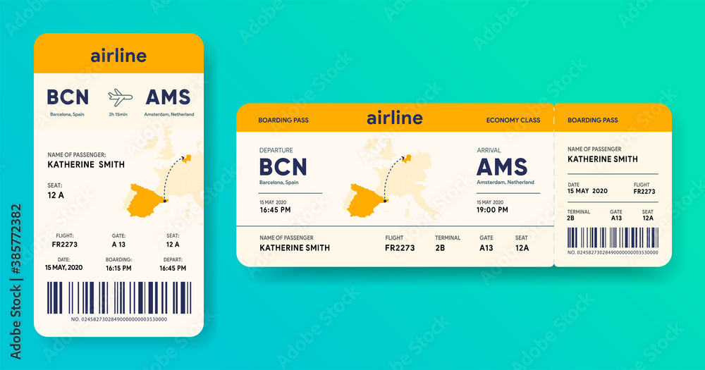Wall mural paper and mobile boarding pass. responsive design of airline ticket. passenger travel data card mock