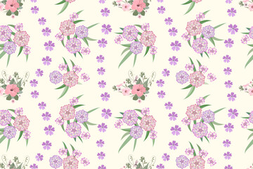 Vector seamless  floral spring pattern on a light background different bouquets of pink and lilac flowers, hibiscus flower, alyssum, feminine print for fabric design.