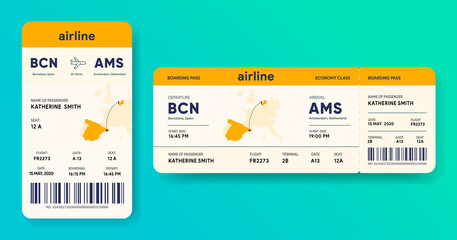 Paper and mobile boarding pass. Responsive design of airline ticket. Passenger travel data card mockup. Flight check-in document template. Portable e-ticket with journey map. Vector illustration. - obrazy, fototapety, plakaty