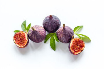 Fresh figs with green leaf. Mediterranean fruit background