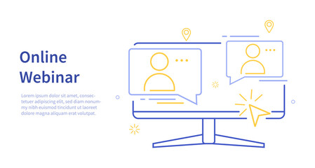 Webinar concept, online course, distant education, video lecture, internet group conference, telecommuting, working from home, easy communication, vector line illustration. Website template.