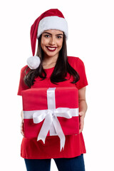 Woman with Christmas hat holding a gift, isolated on white background