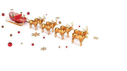 Gold reindeers and Santa gifts sleigh, Christmas background, Concept for holiday glamour luxury season greeting card and new year, 3d rendering