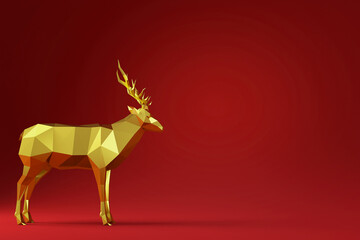 Polygon gold reindeer with red Christmas background with copy space for text, Concept for holiday glamour luxury season greeting and new year, 3d rendering