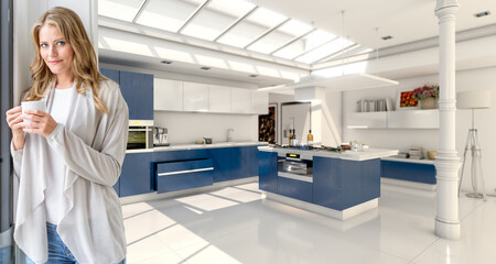 Woman having a coffee in a modern blue kitchen