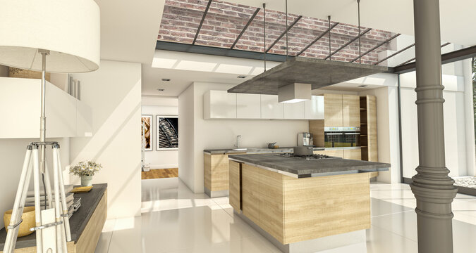 Industrial style domestic kitchen with glass roof in light wood