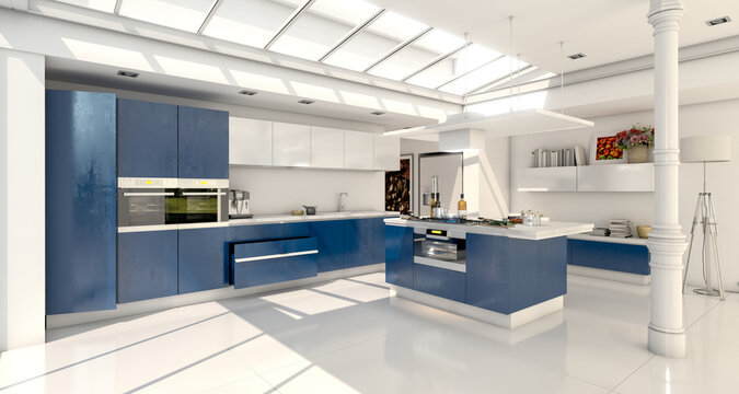 Industrial style domestic kitchen with skylight in blue and white