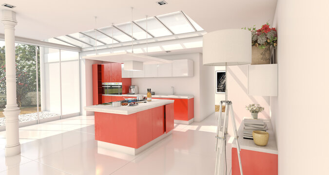 Industrial style domestic kitchen with skylight in red and white