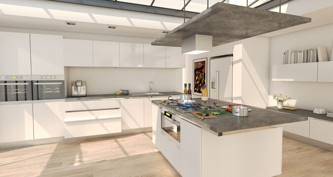 White industrial style domestic kitchen with skylight