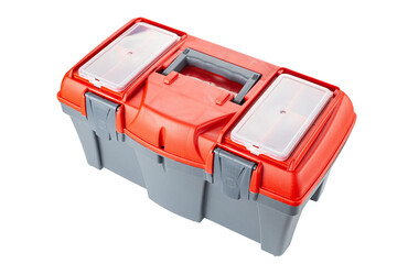 Isolated plastic toolbox with red top on white background.