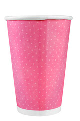 Coffee to go in a in pink disposable cup on a white background.