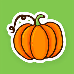 hand drawn of pumpkin with leaf and white outline on green background. vector illustration of halloween pumpkin. doodle halloween. modern scribble for kids, clip art, cover, poster, sticker, logo.  
