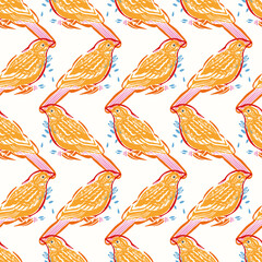 Geometric, modern yellow bird pattern. Linocut style . Vector, cut out shape, stylized colorful bird with off color effect on white background. Perfect for fabric, print and gift wrap.