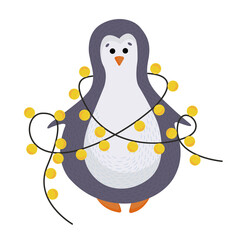 new year and Christmas purple penguin with Christmas lights isolated on a white background. Penguin in flat style. Perfect for Christmas cards and Christmas Souvenirs