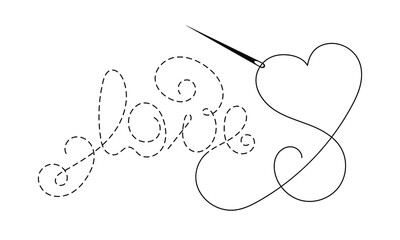 Silhouette of word "love" and heart with interrupted contour. Vector illustration of handmade work with embroidery thread and needle on white background.