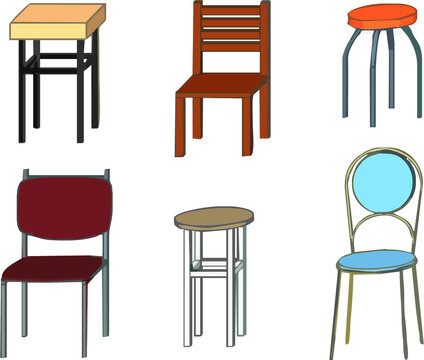 
Vector drawing of chairs, stools. Interior elements.