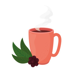 coffee mug with beans and leaves design of drink caffeine breakfast and beverage theme Vector illustration