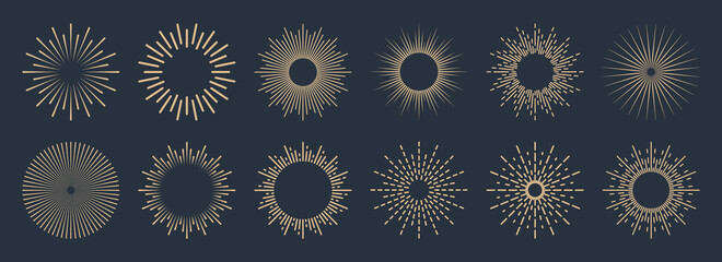 Vintage sunburst collection. Bursting golden sun rays. Fireworks. Logotype or lettering design element. Radial sunset beams. Vector illustration.