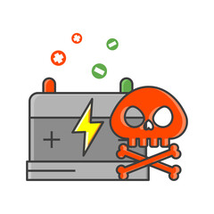 Car battery with skull and crossbones. Concept of the dangers of using battery or battery powered devices. Flat style illustration. Isolated on white background. 