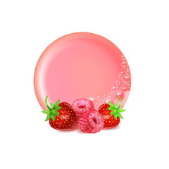 Bar of pink soap in foam and bubbles,berries on a white background.