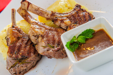 Plate of lanb chops with mashed potatoes