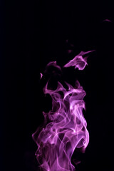 Close-up vertical picture of an isolated bright purple flame with numerous of tongues on the black background 