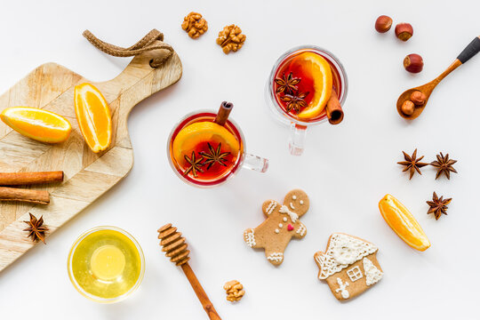 Flay lay of Christmas hot mulled wine with cinnamon and spices
