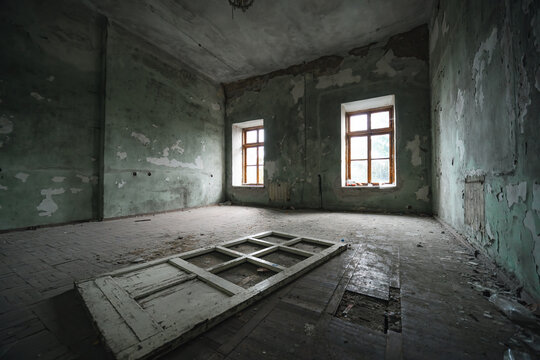 interior of an old abandoned rooms, a lot of garbage, old furniture and antiquities destroyed, rooms need repair, old dust and dirt windows, door