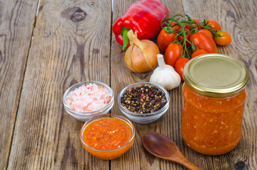 Sauce, an appetizer of seasonal vegetables in glass