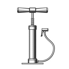 Old hand air-pump, bicycle pump with wooden handles in engraving style