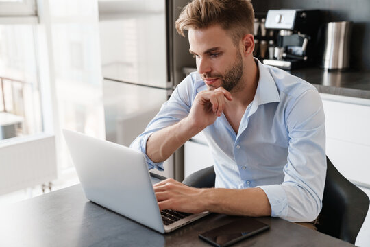 Handsome focused guy working with laptop while sitting