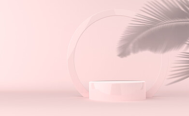 Podium, stand, showcase on pastel light, pink background for premium product with nature plant, leaves. Mock up for exhibitions, presentation of products, therapy, relaxation and health -3d render.