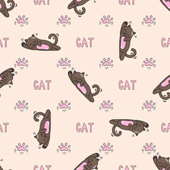 seamless pattern with fanny little cats, text and cats paws vector image background - 385779780