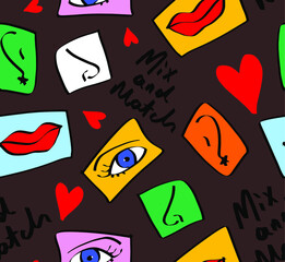 Abstract Hand Drawing Geometric Puzzle Mix and Match Concept Eyes Lips Ears Noses and Hearts Repeating Vector Pattern Isolated Background