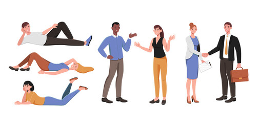 Diverse set of people relaxing lying down, chatting and in business together shaking hands isolated on white for design elements, colored vector illustration