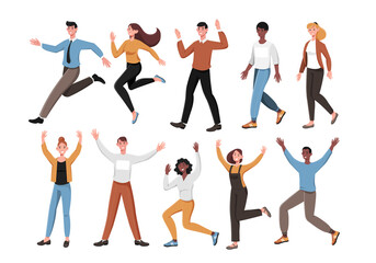 Large set of active multiracial diverse people rejoicing, walking and running with some waving their arms isolated on white for design elements, colored vector illustration