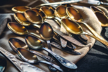Vintage cupronickel teaspoons on a piece of cloth. Heap of cutlery. - obrazy, fototapety, plakaty