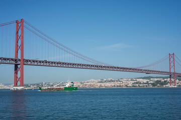 Fototapeta na wymiar Lisbon - Portugal - 29 September 2020 - panorama of the famous 25th April suspension bridge on the tage river